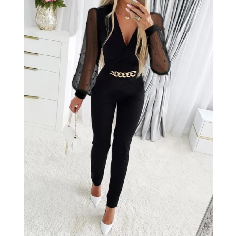 2025 Women Sexy Deep V-neck Mesh Long Sleeve Jumpsuits Spring One Piece Overall Black Elegant Chain Decor Party Jumpsuits Cloth