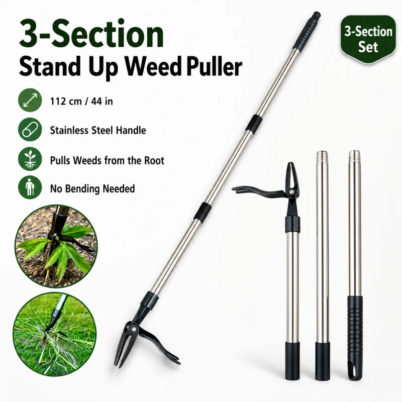 Stand Up Weed Puller Tool 3-Section Stainless Steel Long Handle Garden Weeder Root Removal Tool for Lawn Yard