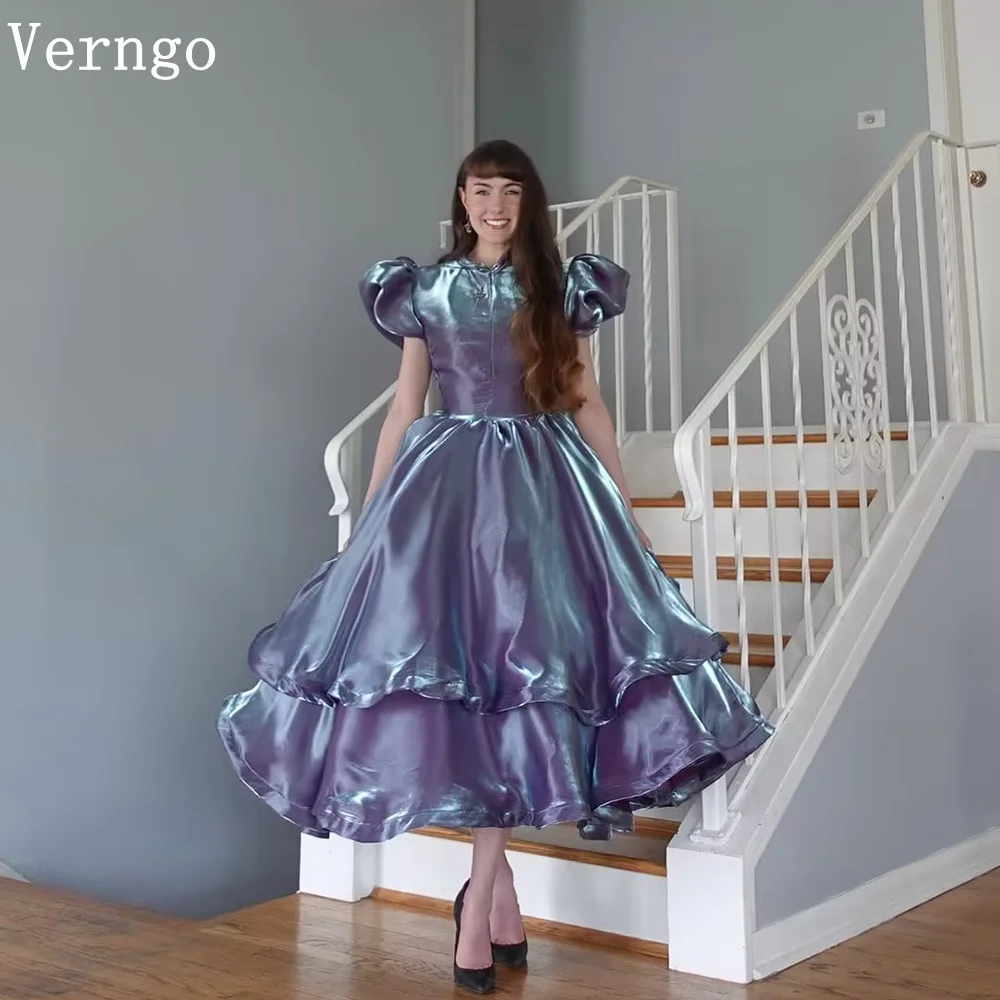 

Verngo Purple Shiny Satin Evening Dress High Neck Short Sleeves A Line Formal Occasion Dress Elegant Party Dress Customized