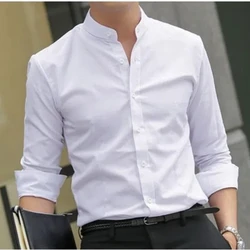 Round Neck Shirt Men's Pure White Stand Up Collar Shirt Long Sleeved Slim Fit Business Casual No Iron Solid Color