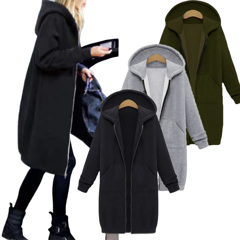 Zip Up Hooded Oversized Fleece Long Tunic Sweatshirts Casual Long Sleeve Fall Winter Jacket Coat Pockets Solid Women Clothing