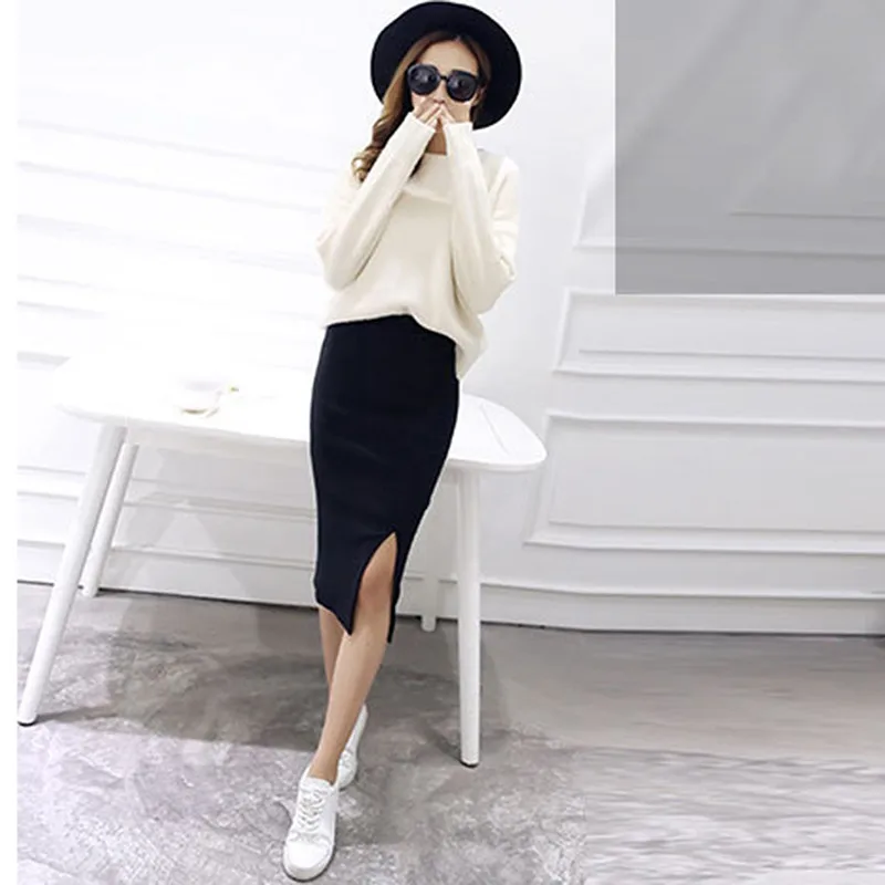 

skirts womens Sexy Chic Pencil Skirts Wool Rib Knit Long Skirt Package Hip Split Waist midi skirt maxi faldas mujer moda