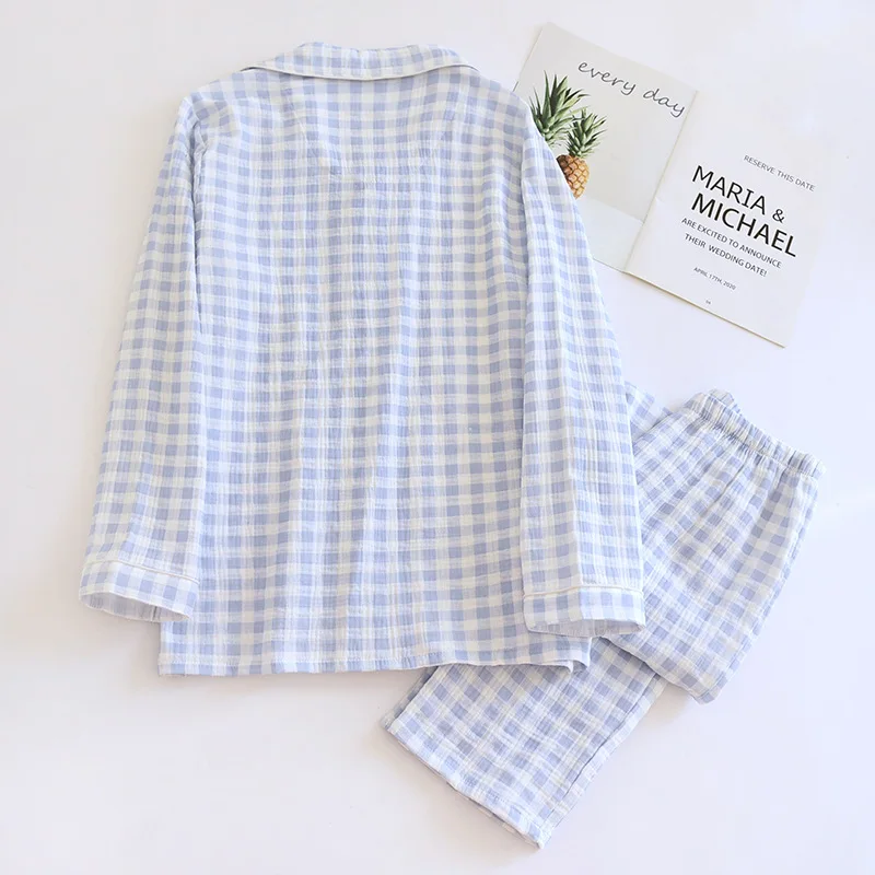 2025 New Spring Couple's Pajama Set 100% Cotton Long Sleeve Long Pants Two Piece Set Checkered Men's and Women's Home Clothes