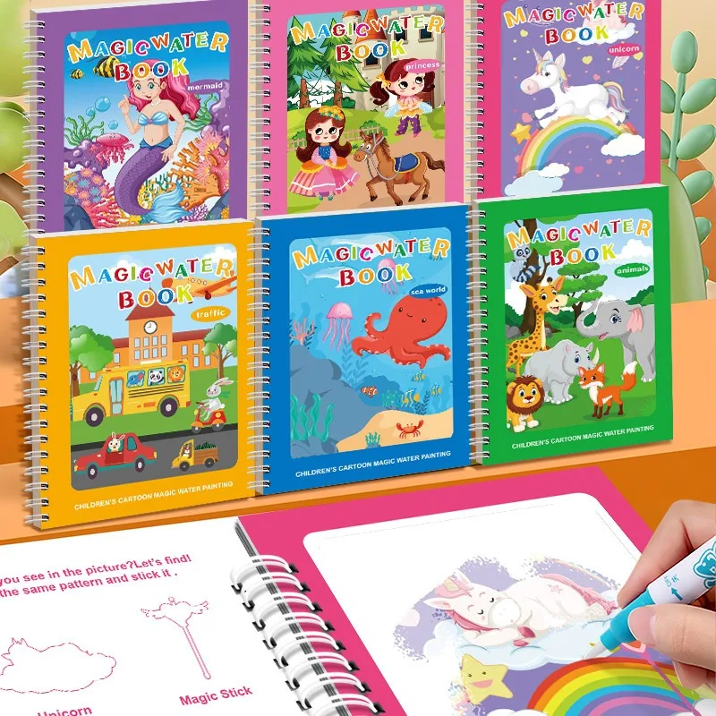 Libro de dibujo al agua reutilizable 1P: almohadilla de pintura mágica sin desorden con bolígrafo de agua recargable