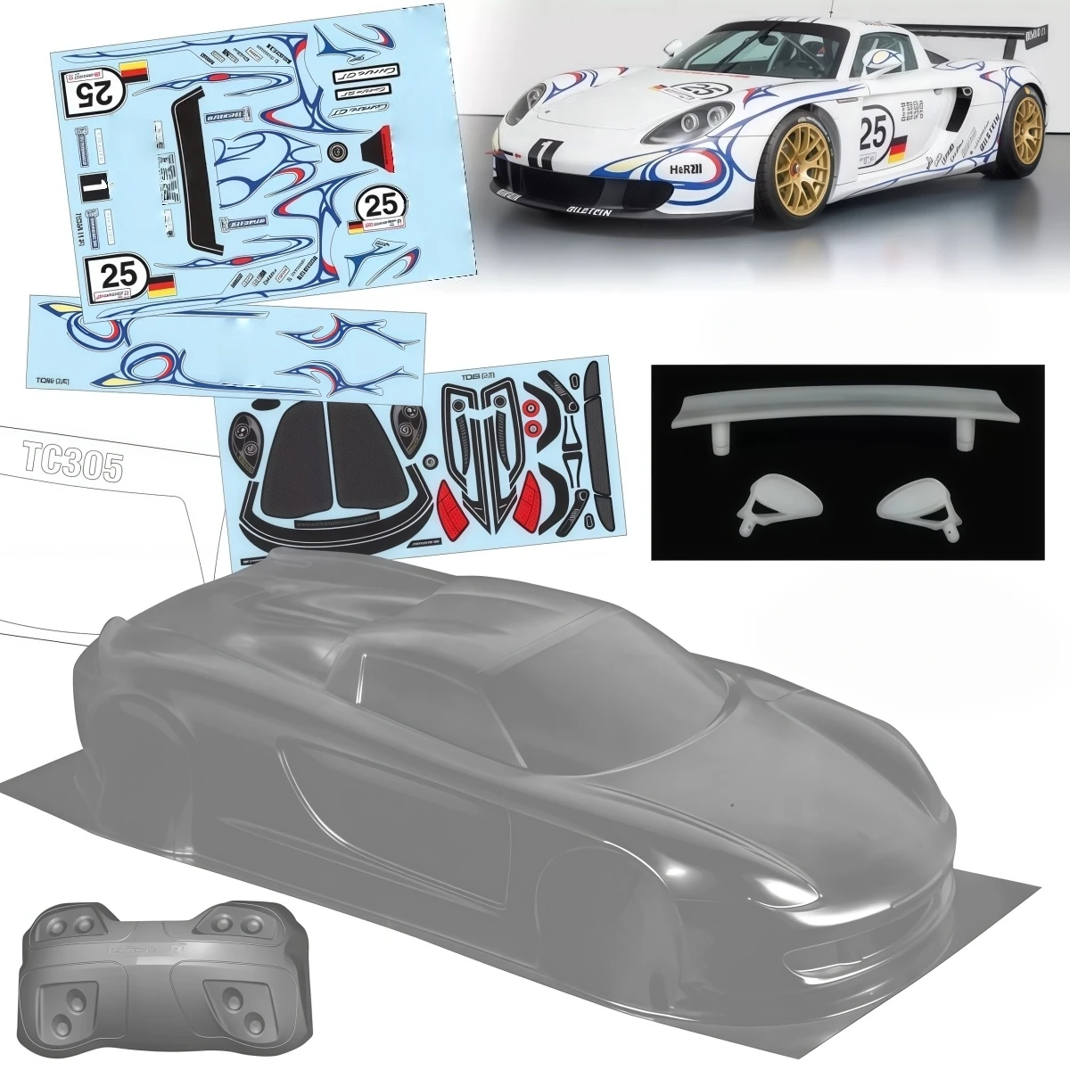 TC305 1/10 Carrera GT Clear Body Shell 190mm Width 258mm Wheelbase RC Touring Drift Car w/ Rear Wing Light Buckles and Decals