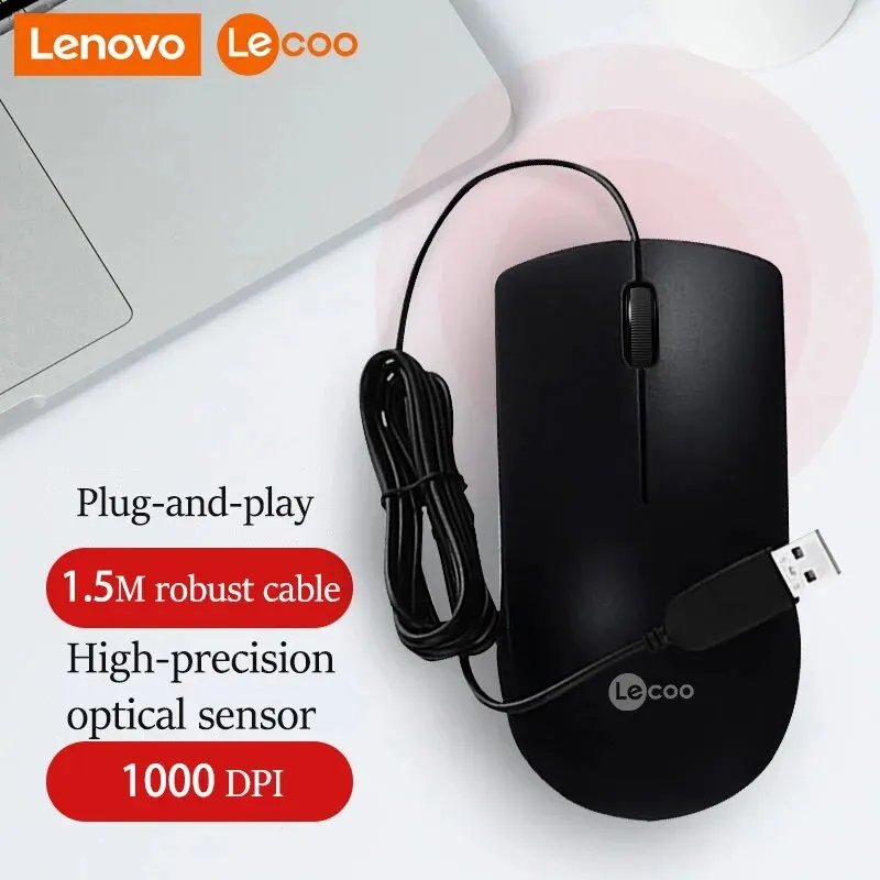 Lenovo MS100 USB Wired Mouse, 3-Button Corded Mouse with 1000 DPI, Optical Computer Mouse with Ergonomic Design