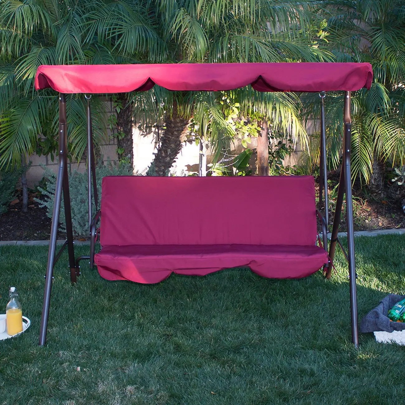 3 Person Swing Chair Garden Canopy Awning Balcony Bench Water Resistant UV Protection Polyester Burgundy, Customized