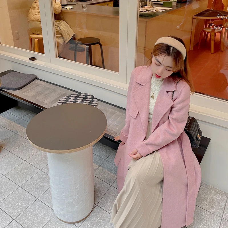 

Шерстяное двустороннее пальто ручной работы из ламовой шерсти и твида, в корейском стиле, однотонное, длинное, для повседневной носки