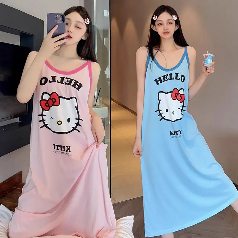 Hello Kitty Sanrio Dress Sleeveless Summer Y2K Causual Home Loose Dress Kawaii Cartoon Nightgown Pajamas Cute Comforts Homewear