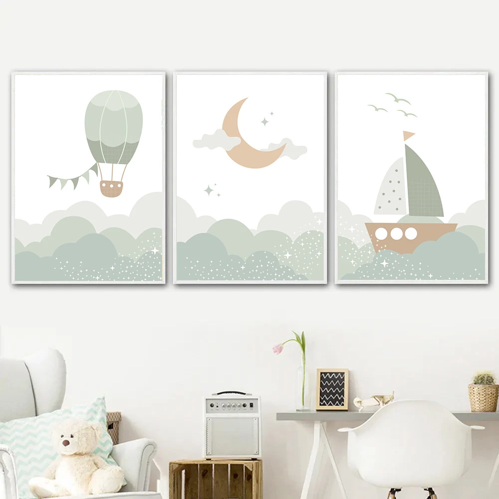 Cartoon Moon Boat Hot Air Balloon Green Posters Wall Art Canvas Painting Nursery Print Nordic Wall Pictures Kids Room Decoration