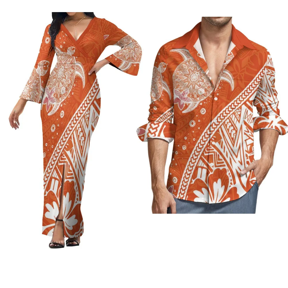 

Hawaii Island Couple Set Custom Tailored Women'S Slim Maxi Dress Elegant Dress Summer Men'S Shirt Polynesian Flower Print Dress