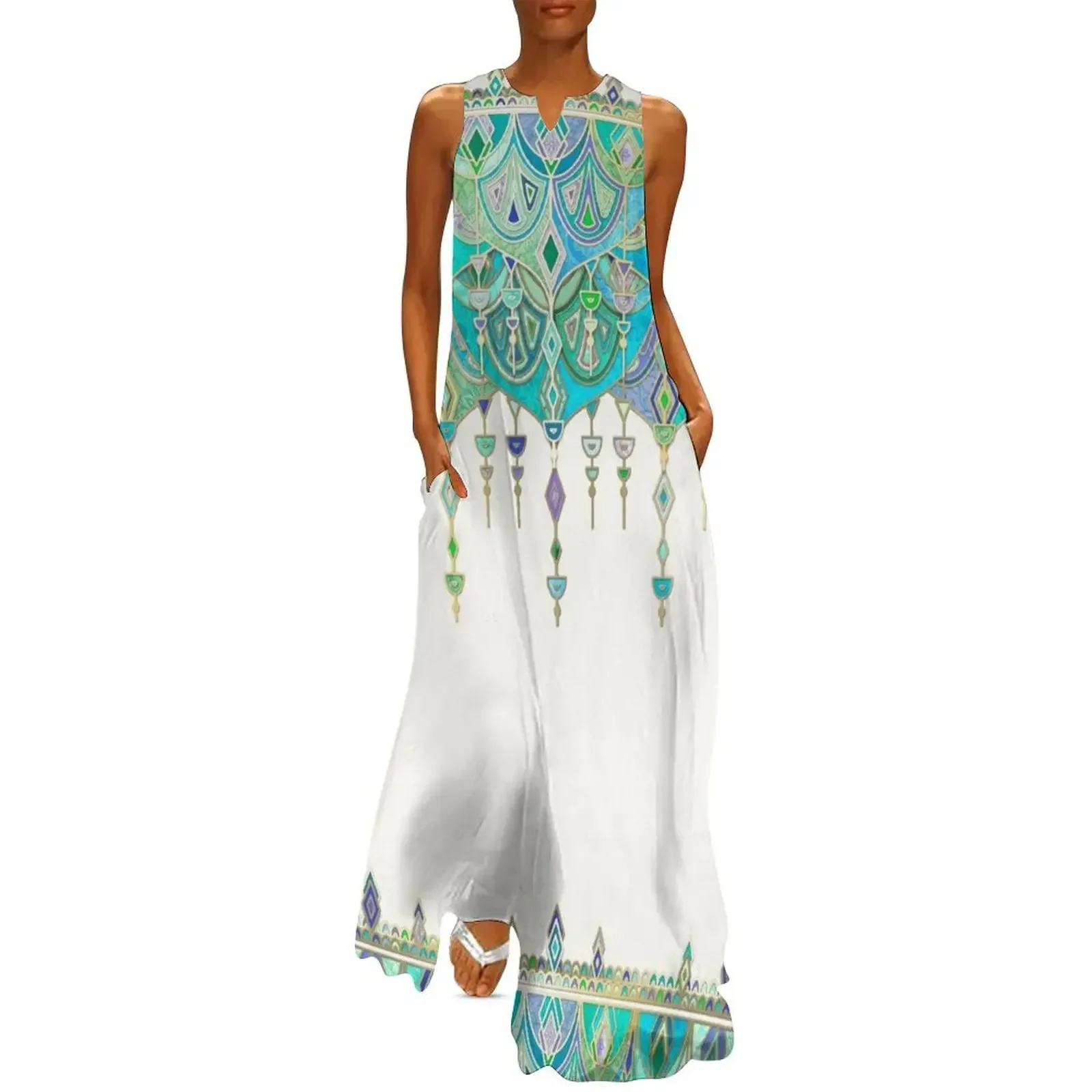 

Art Deco Double Drop in Jade and Aquamarine on Cream Long Dress women formal occasion dresses Dress