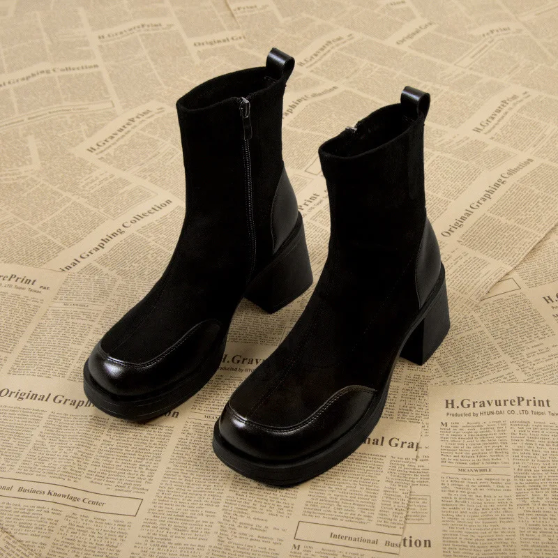 Maogu Black Women's Short Ankle Boots Sock Footwear Combat Booties High Heels Suede Heeled Autumn Boot Side Zip Shoes for Woman