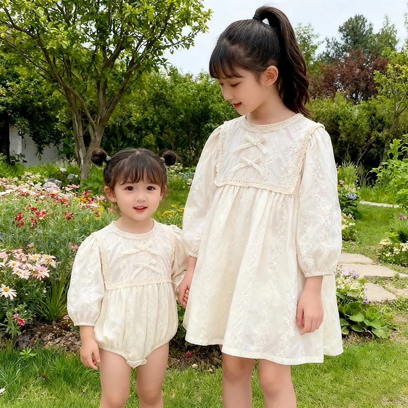2025 neue Herbst Baby Mädchen Party Kleid Frühling Lange Ärmeln Baumwolle Bogen Kinder Prinzessin Strampler Kinder Kleidung Mädchen Schwestern Kleidung