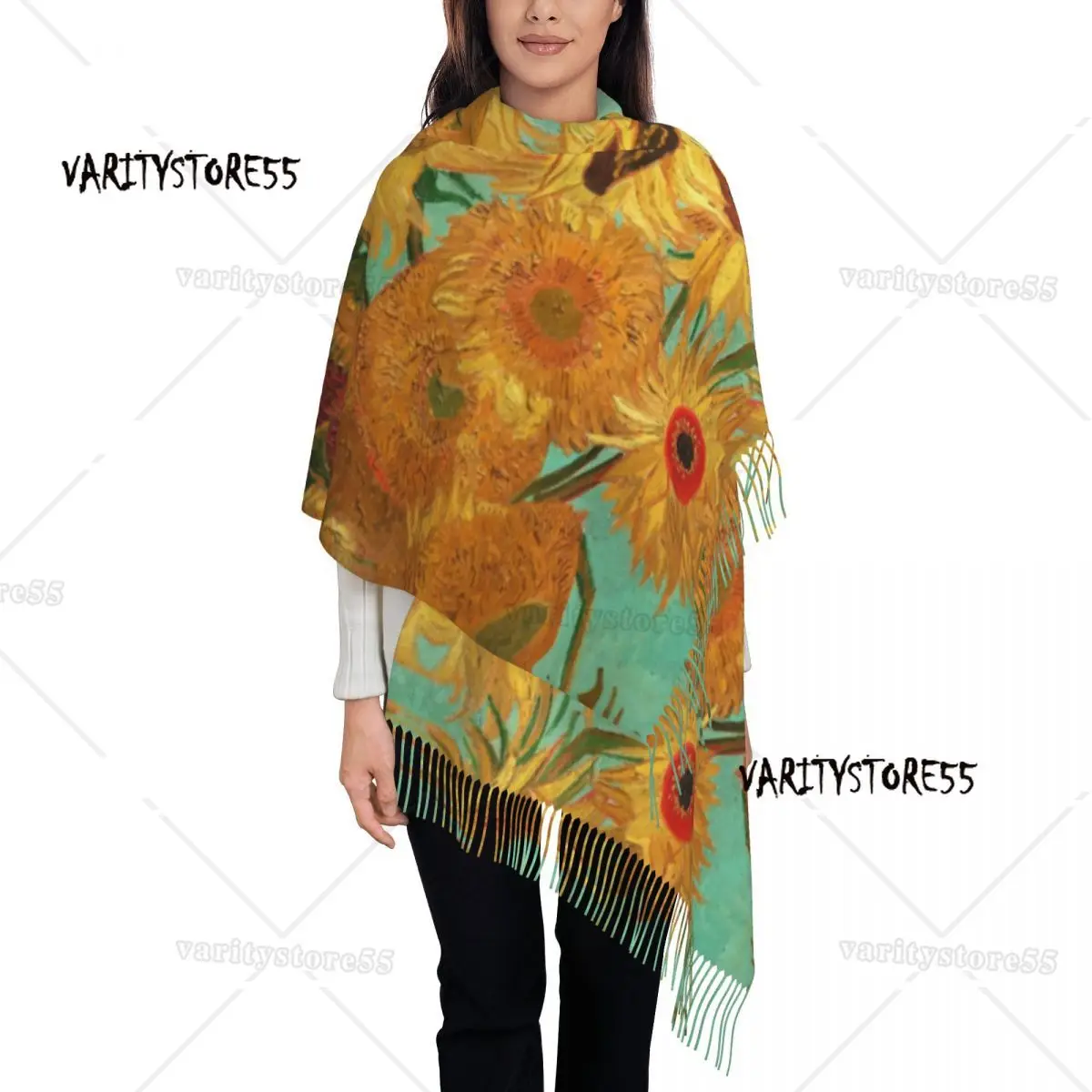 Custom Twelve Sunflowers In A Vase Tassel Scarf Women Soft Vincent Van Gogh Shawl Wrap Ladies Winter Fall Scarves