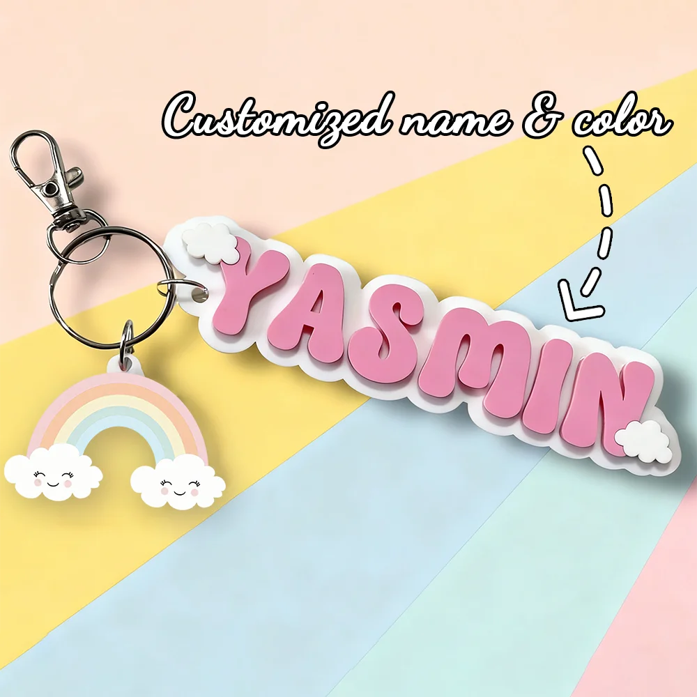 1PCS Customized Name Keychain Personalized Double Layer Acrylic Cute Daisy Rainbow Backpack Name Tag Custom Name Key Chain view 3