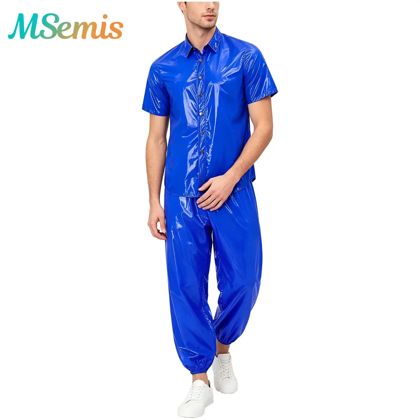 Mens Shiny Waterproof Tracksuit Short Sleeve Front Button Lapel T-shirt And Jogging Pants Rainwear Sauna Sweat Outfit Clubwear