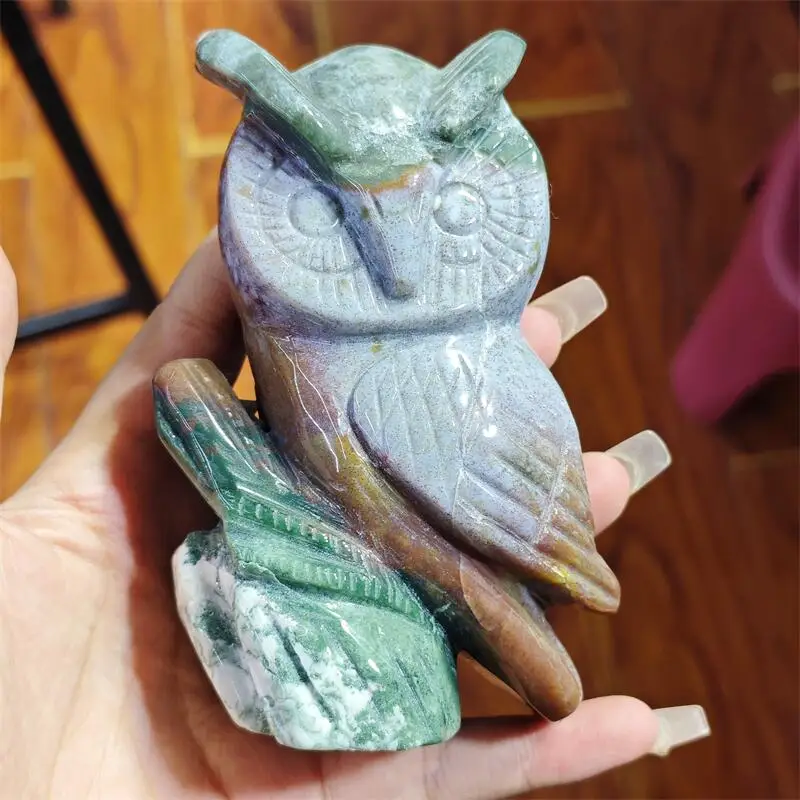 Natural Ocean Jasper Owl Carving Crystal Healing Reiki Halloween Gift Festival Craft For Decoration 1pcs