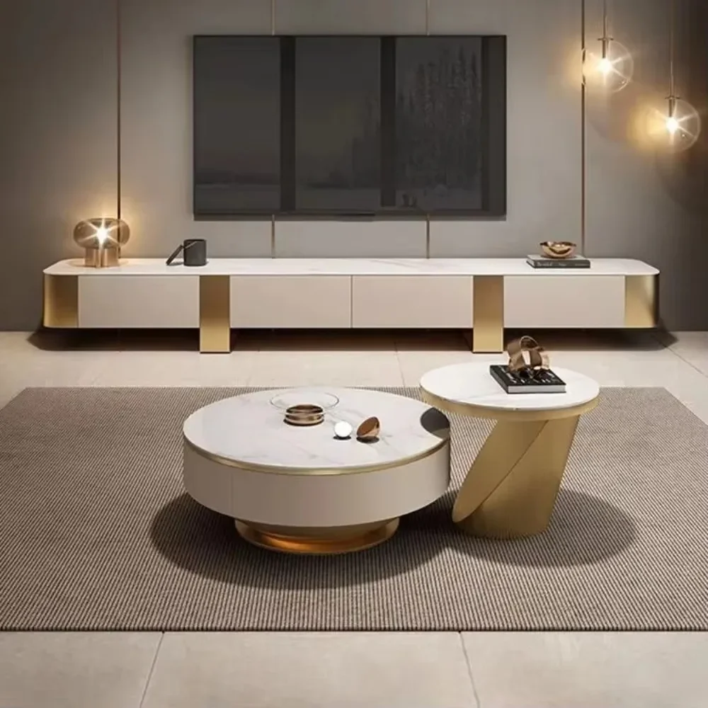 Modern TV Cabinet Luxury Rock Plate Coffee Table Set Round Nesting Tea Table with Drawers Living Room Furniture