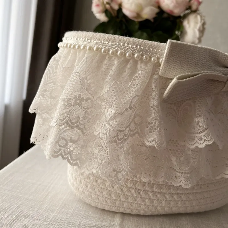 Korean quality double-layer lace eco-friendly handmade cotton rope storage basket, large desktop storage basket, cosmetic