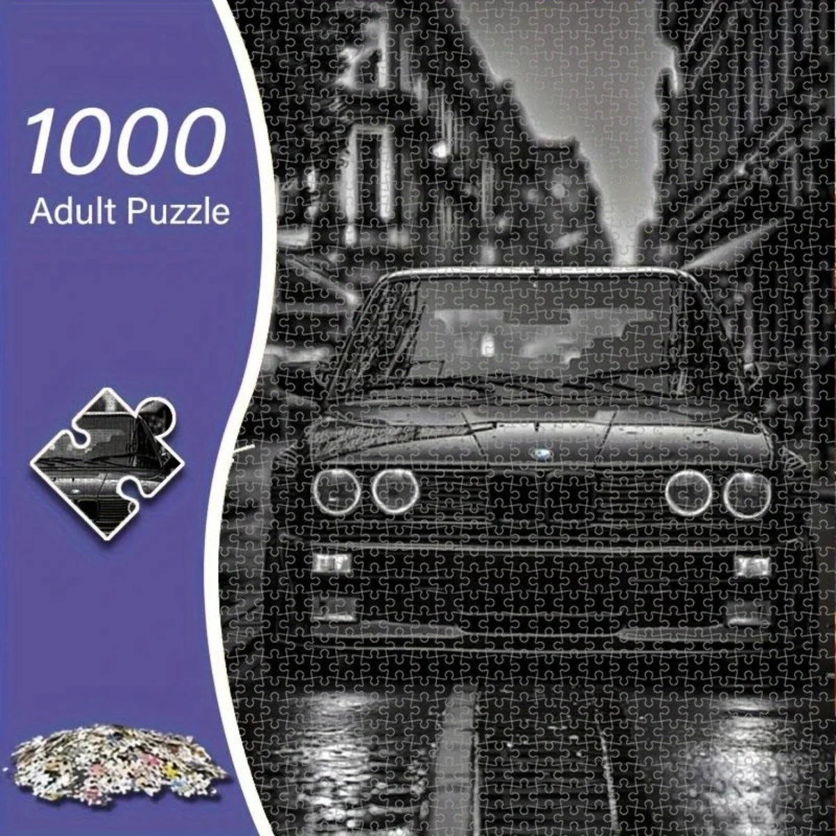 ตัวต่อรถแข่งย้อนยุค 1000 ชิ้น - ตัวต่อ DIY สำหรับผู้ใหญ่แบบไร้กรอบ, งานศิลปะติดผนังรถขาวดำคุณภาพสูง, สำหรับผู้ที่ชื่นชอบรถคลาสสิก