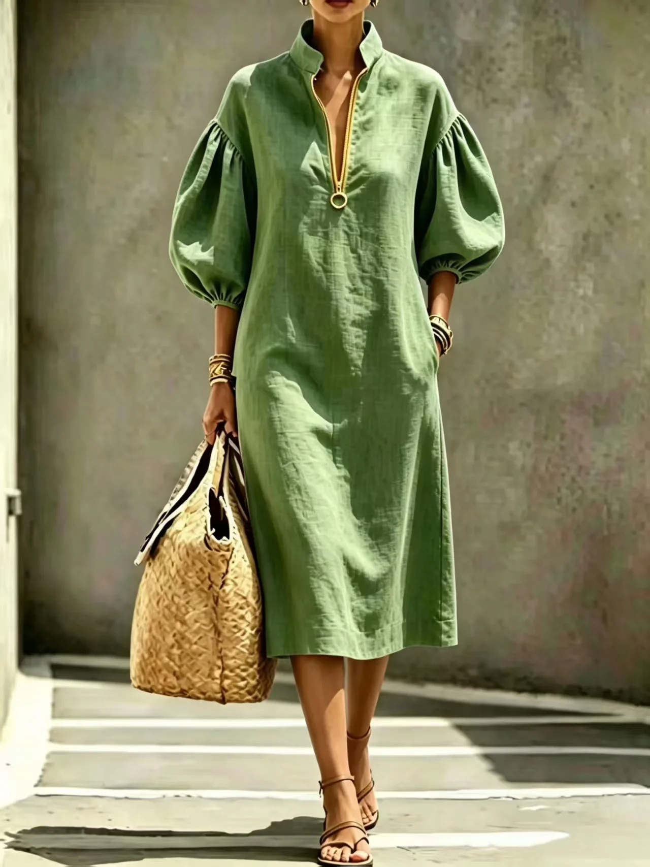 Women's Solid Color Dress Loose Fit Stand Collar Bubble Sleeve Half-Zip Dress Fashion Casual Pocket Long Dresses New In view 5