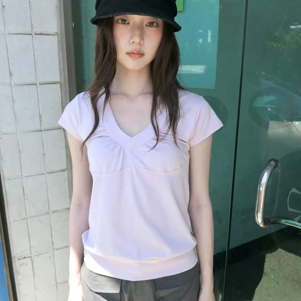 Korean Style Short Sleeve T-Shirt for Girls V-Neck Pleated Slimming Casual Summer Versatile Top Breathable Comfortable Skin-F...
