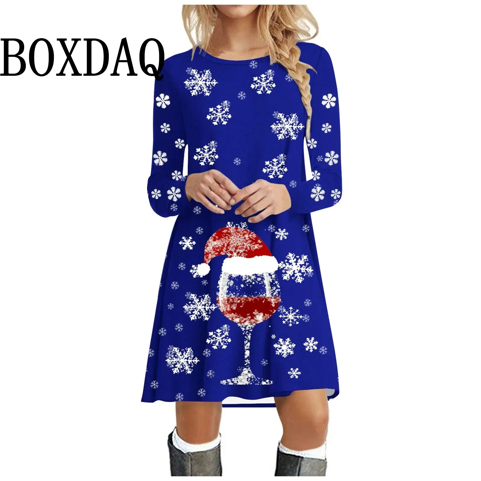 Damenmode Freizeitkleid Langarm Weihnachten Glas bedruckt Rundhals Party Weihnachten Schneeflocke Weihnachten Party Kleider Kleidung