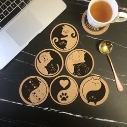 Cork Coaster Engraved Coffee Cute Cat Coffee Mug Drinks Holder for Kitchen Natural Wooden Mat Tableware Round Drink Coaster