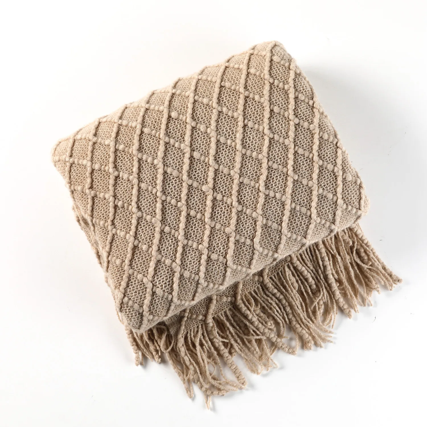 Nordic Chunky Knit Blanket with Tassel Plain Color Waffle Jacquard Design for Bed Sofa Couch - Gift Knitted Throw Bedspread