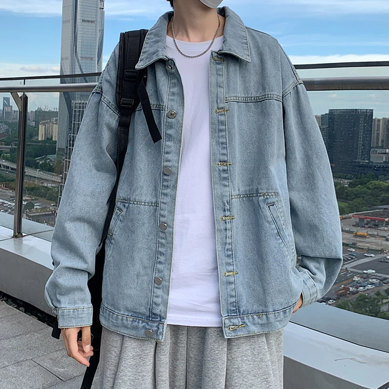 

Trendy Men's Denim Jaet Casual Loose Fit Autumn Harajuku Sle Long Sve Outerwear for Teenagers Streetwear