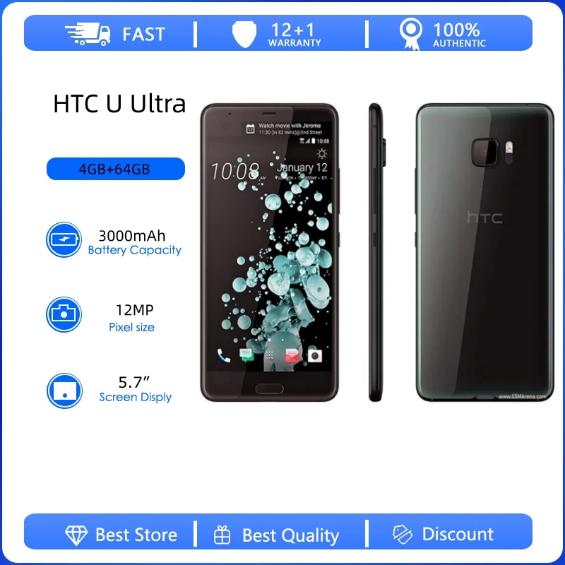 HTC U Ultra Reacondicionado - Teléfono Celular Android 4G Desbloqueado Original de 64 GB y 4 GB de RAM, 12 MP, 5.7 Pulgadas, Quad-Core, WIFI, GPS