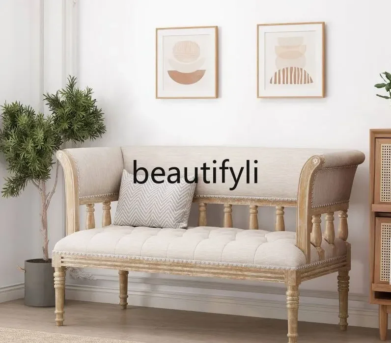 

American rural solid wood fabric double sofa chair French retro living room9344
