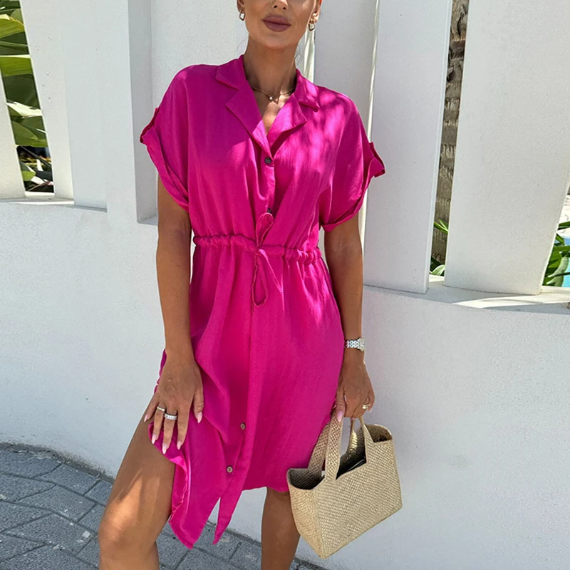 Vestido camisero informal de una sola botonadura para mujer, vestidos de fiesta con cuello vuelto y botones, Vestido corto elegante de verano 2024