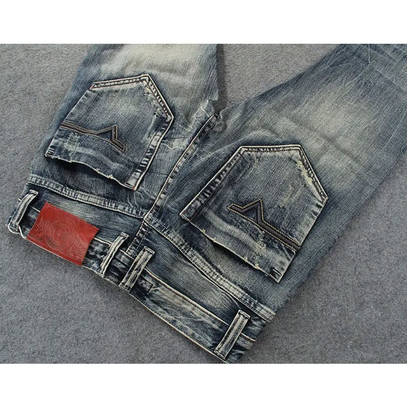 Street Fashion Men Jeans Retro Washed Blue Stretch Slim Fit Ripped Jeans Men Embroidery Patched Designer Vintage Denim Pants