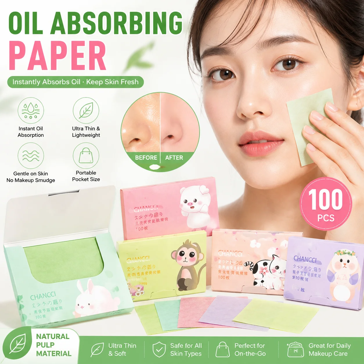 300Pcs Matcha Oil Absorbent Blotting Paper, Travel Size Facial Oil Control Sheets for Oily Skin, 2 Styles