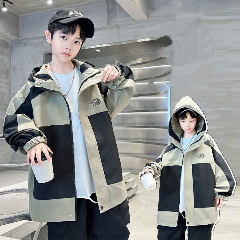 Autumn Kids Patchwork Hooded Hardshell Jacket for Teenage Boy Cycling Windbreaker Outerwear Child Hiking Trench Coat With Hoodie