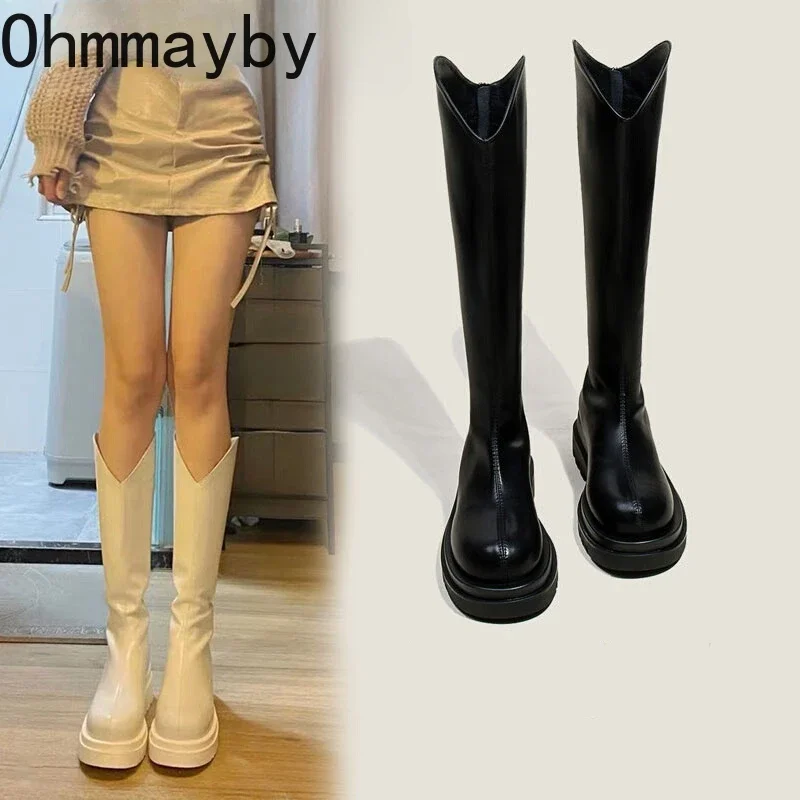 Soft Leather Women Knee High Boots Fashion Largas Size Long Booties Square Heels Autumn Winter Warm Short Plush Shoes