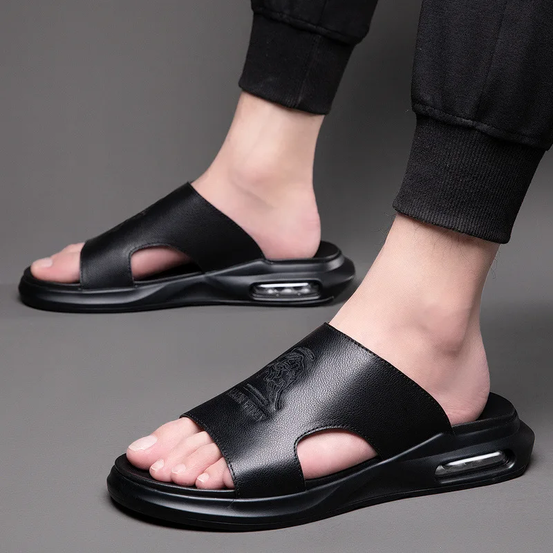 2024 Summer Shoes for Men Genuine Leather Slipper Embroider Casual Sandals Comfortable Slides Air Cushion Beach Shoes