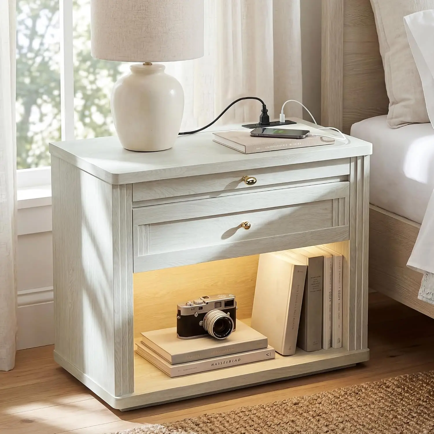 Nightstand with Charging Station & LED Light, Bedside Table with Drawers & Pull-Out Tray, Bedroom End Table, Customized