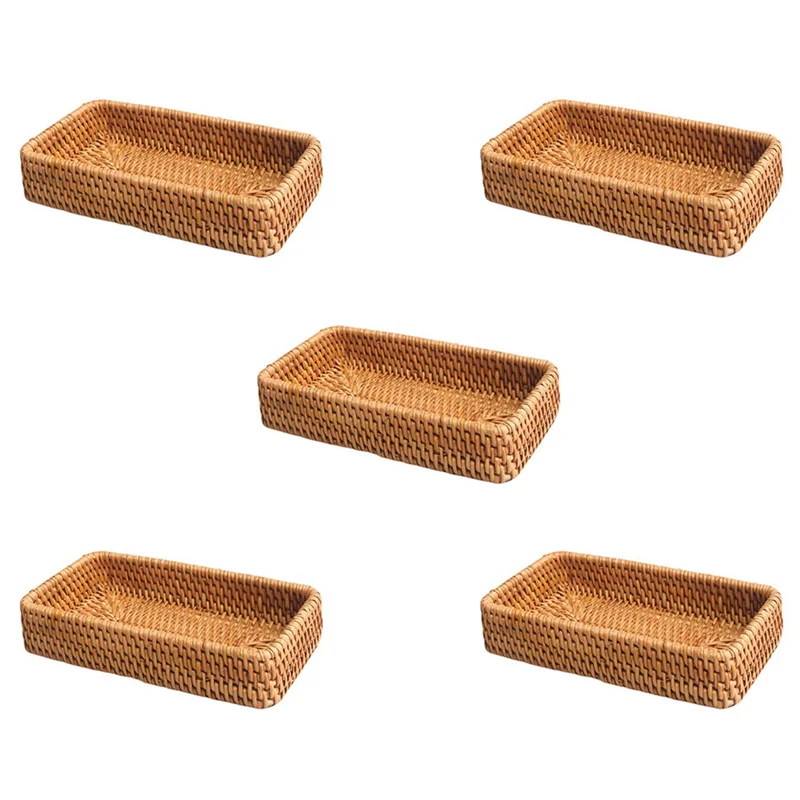 

5X Hand-Woven Storage Basket Rattan Storage Tray Wicker Baskets Bread Fruit Food Breakfast Display Box Home Decoration-C-AT36