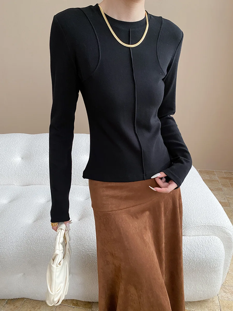 تي شيرت نسائي كاجوال بخياطة ضيقة وقاعدة تنحيف وأكمام طويلة #6