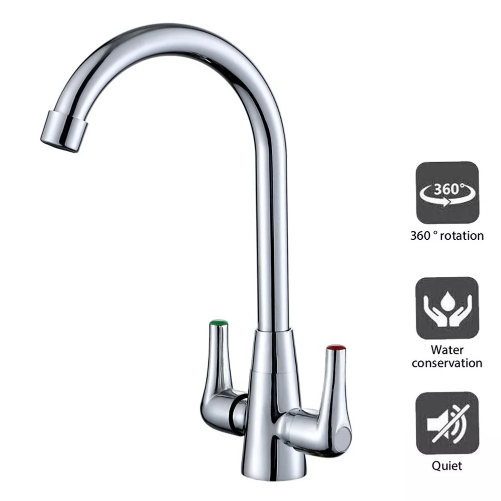 Kitchen Sink Faucet Hot And Cold Mixer Taps Swivel Spout Twin Lever Tap Dual Opening Deck Mounted Bathroom Kitchen Faucet