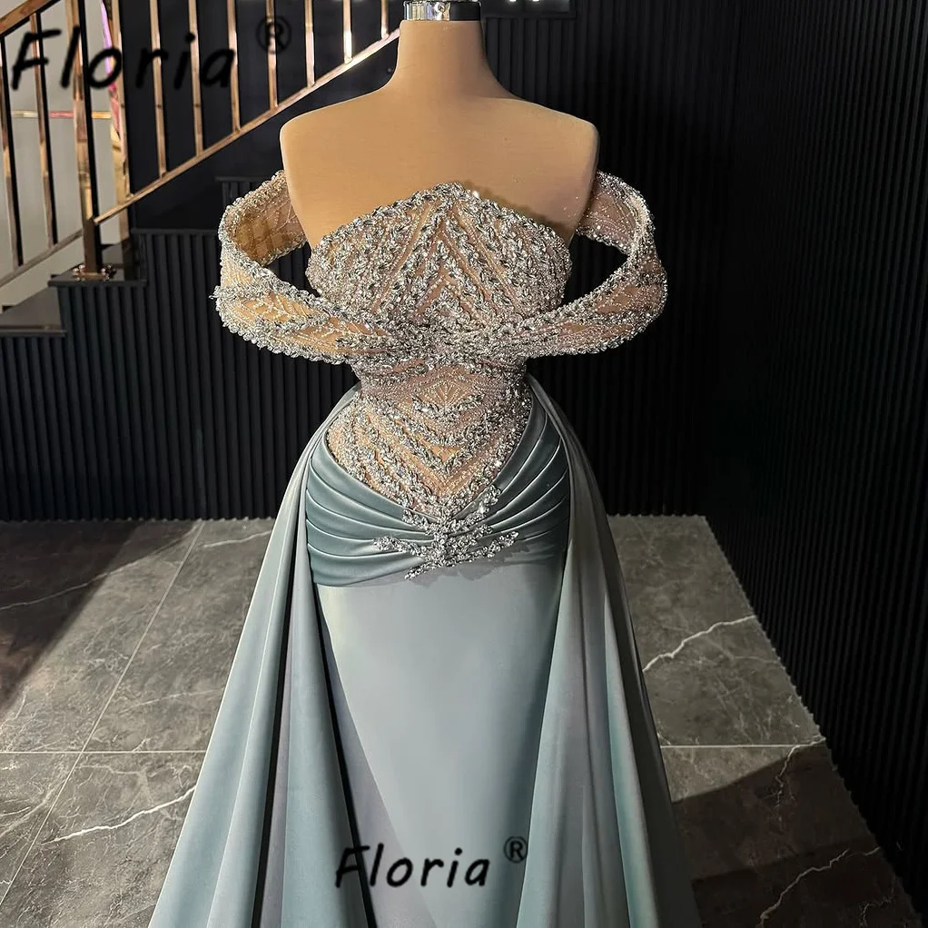 Luxury Bead Mermaid Prom Dresses with Overskirt Dubai Woman Crystal Heavy Handmade Evening Party Gown Vestido Noche Customized
