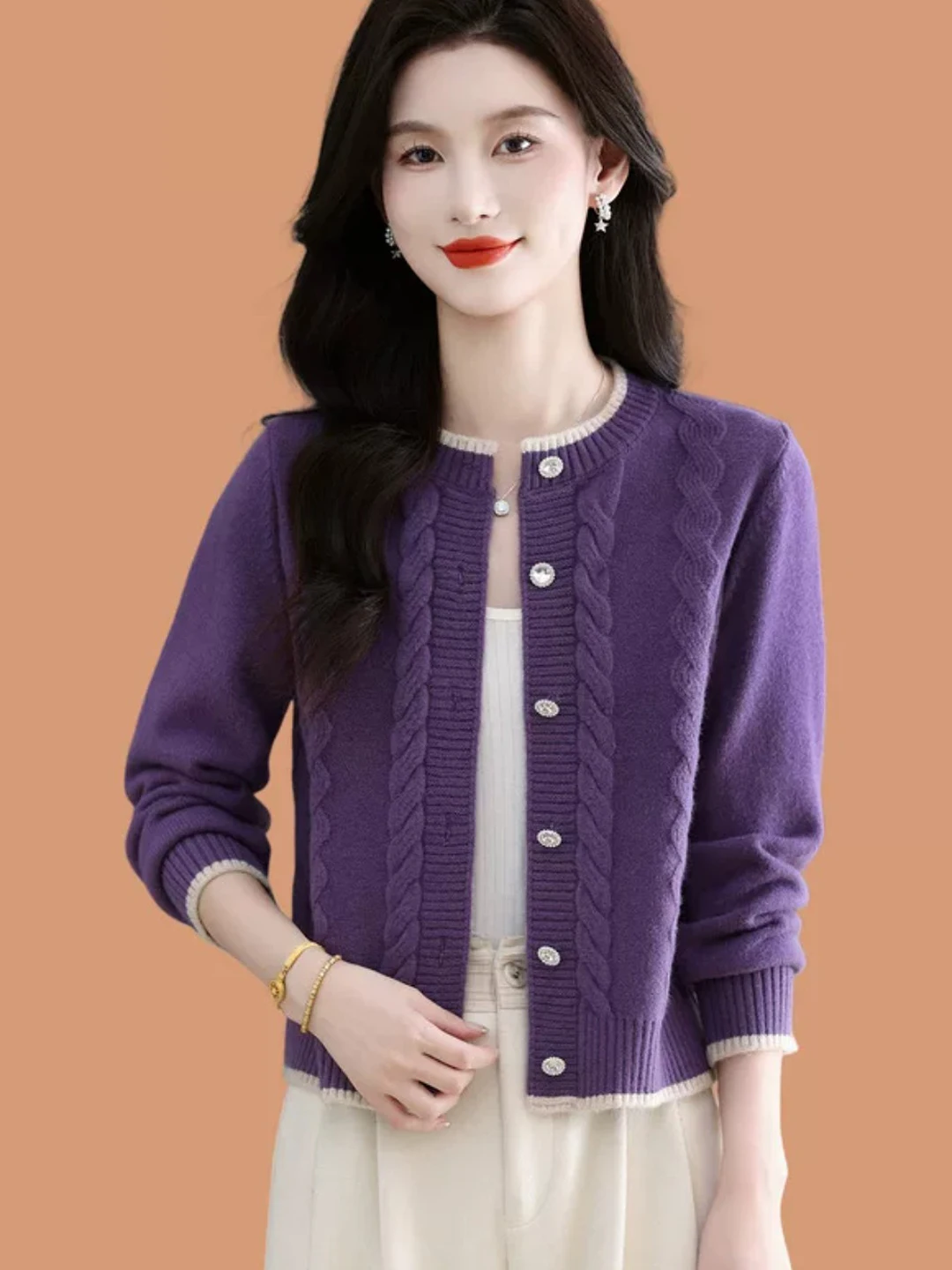 Loose Knitted round Neck Open Cardigan Women's Short Style Autumn Winter Sweater Jacket Button up Fashionable Top