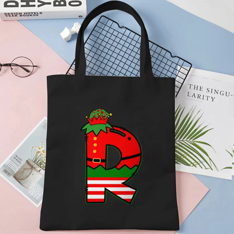 Merry Christmas 26 Alphabet Canvas Tote Bag for Women Letters Aesthetic Shoulder Bag Cartoon Capybara Student Reusable Handbags