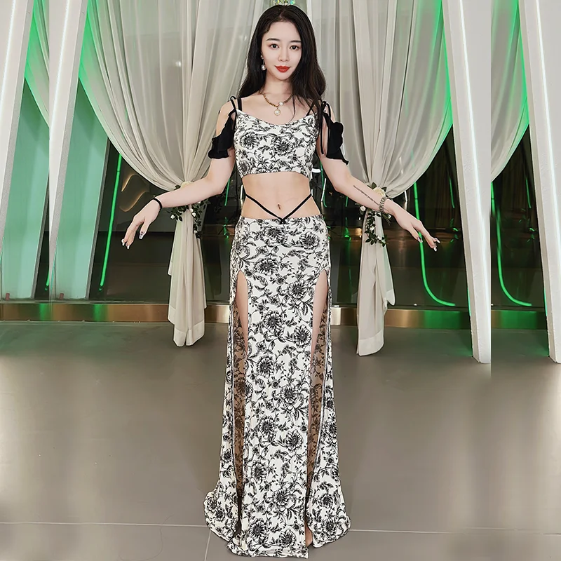 New Belly Dance Suit Long Sleeve Retro Print Set Training Suit Palace Style Oriental Dance 2-Piece Performance Suit