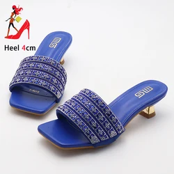 4CM Low Heel Slippers Elegant Lady Square Toe Sandals Luxury Rhinestone High Heels Mules Blingbling Summer Slip-on Women Shoes