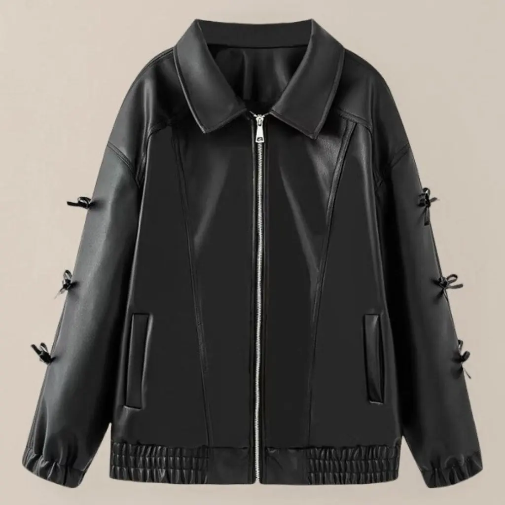 Primavera feminino arco detalhe jaqueta de couro na moda high-end estilo europeu e americano nicho outerwear