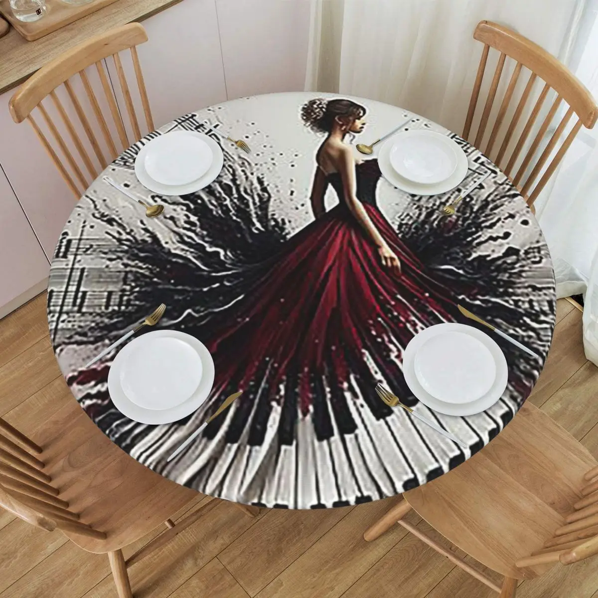 Beautiful Lady Piano Musical Notes, Wavy Dress Waterproof Round Tablecloth Table Cloth for Kitchen Events Dining Table Cover